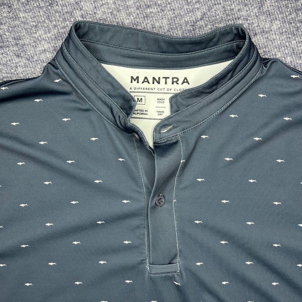 Mantra Mens AOP Shark Polo Shirt Navy Blue Size Medium Golf Performance